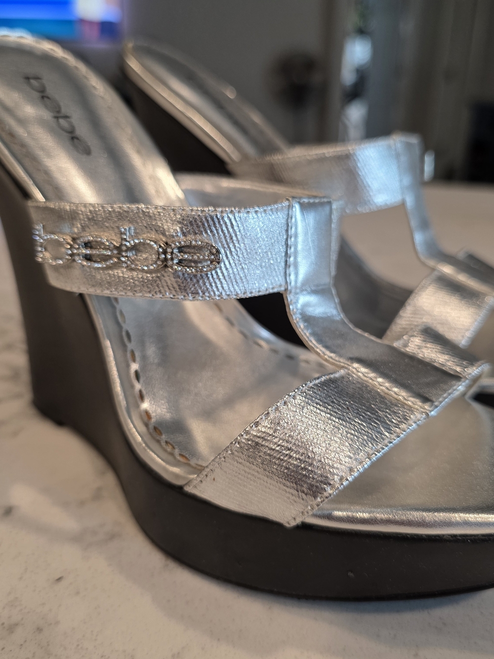 bebe Silver Metallic Wedge Sandals - Picture 2 of 5